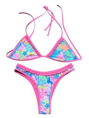93 Play Street Tiki Taffy Pink Triangle Bikini w/Cheeky Ruffle Bottoms Size XL